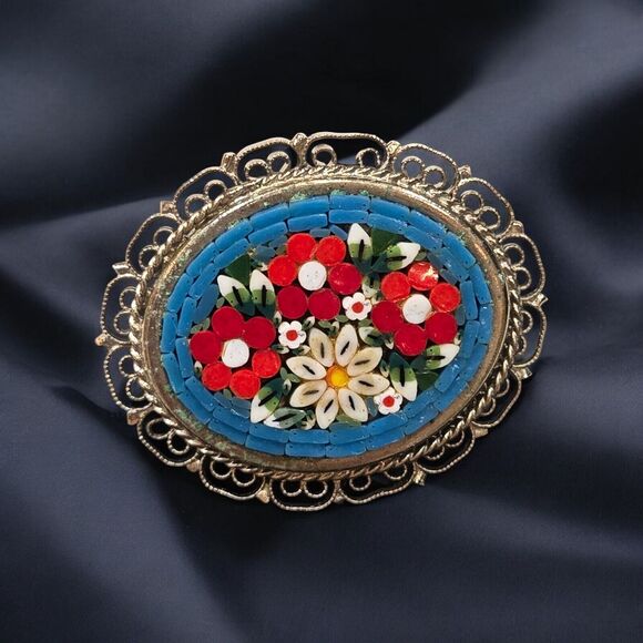 Italian Vintage Micro Mosaic Glass Floral Brooch Pin Silver Tone Filigree Border - Picture 6 of 10